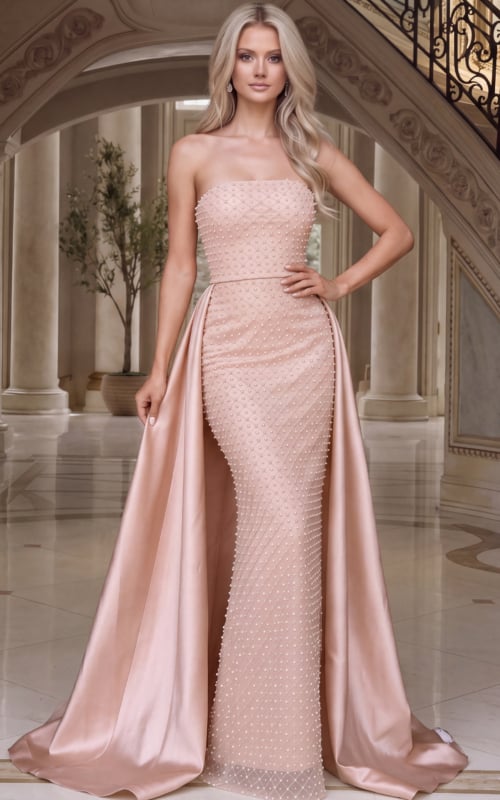 Blush pearl beaded strapless mermaid gown with satin overskirt and sweep train