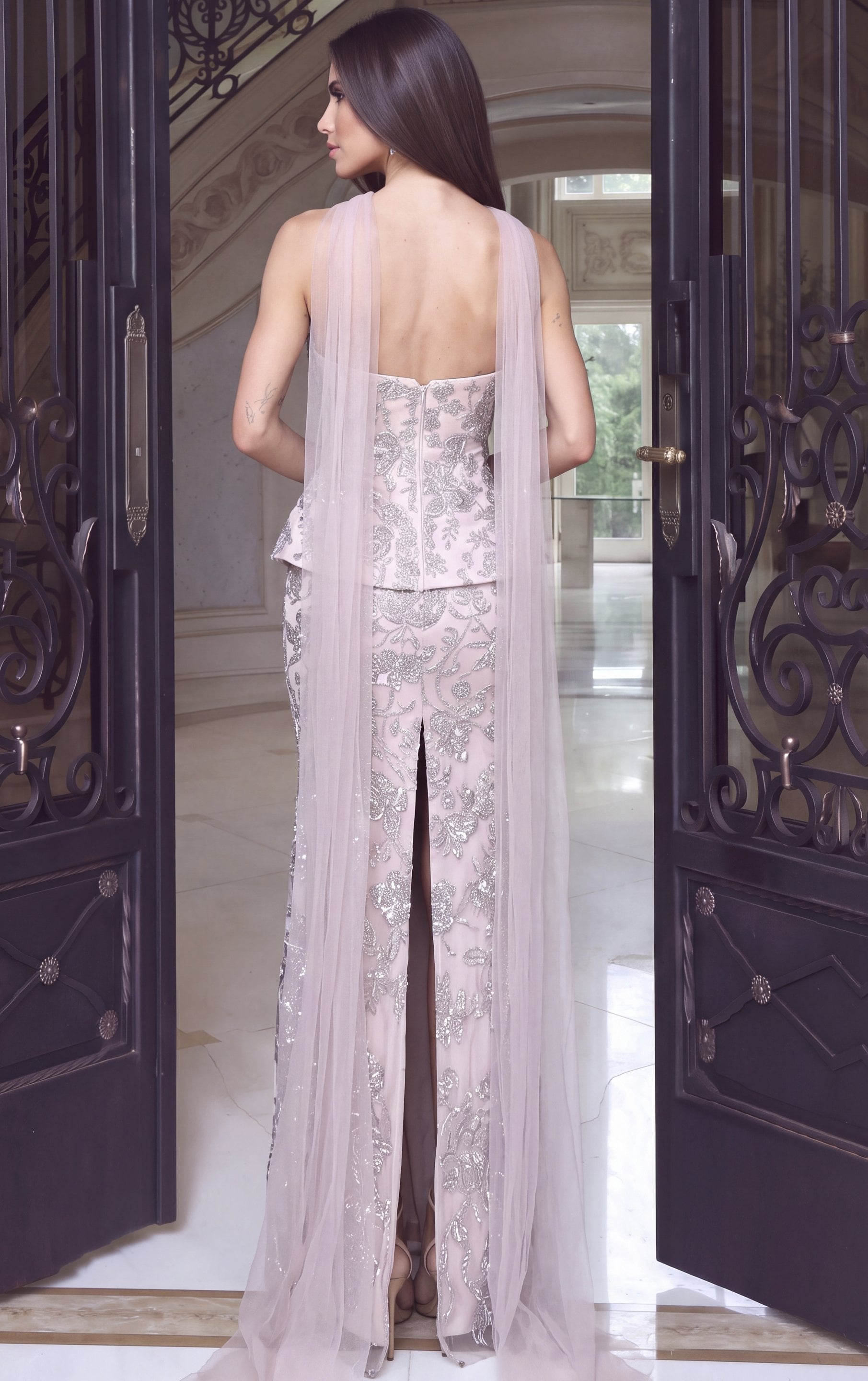 blush pink Jovani 54191 Back view, sheer overlay