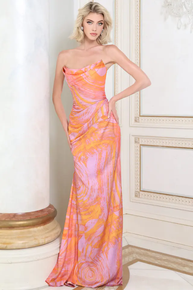 Orange and pink abstract print satin strapless gown with draped bodice, front view