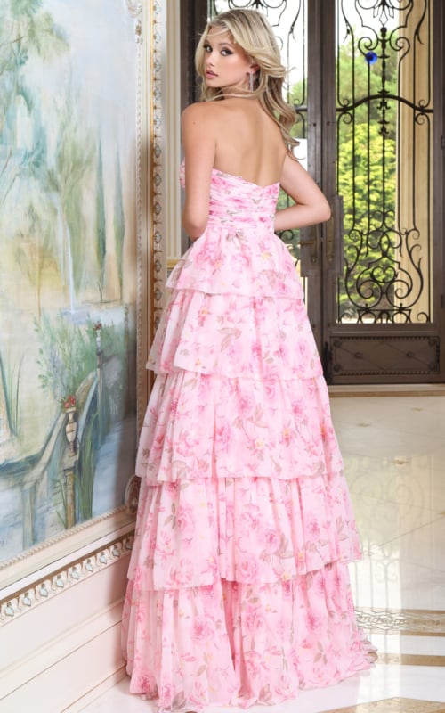 back view of pink floral print chiffon gown with ruched strapless bodice and tiered ruffle skirt 54209