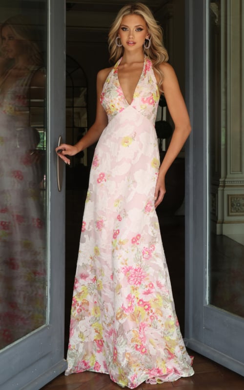 pink floral print chiffon A-line gown with halter deep V neckline and empire waist seam 54221