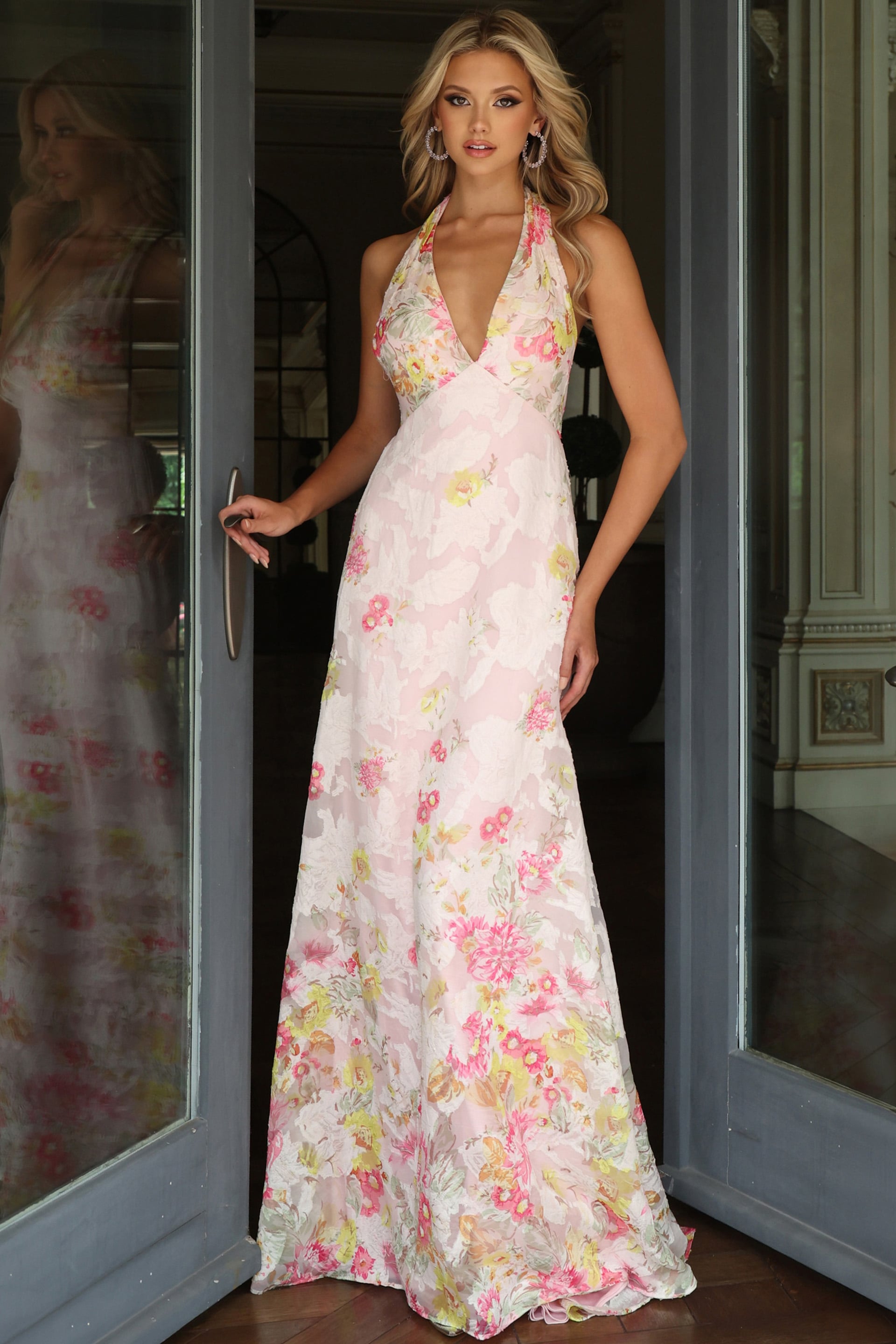pink floral print chiffon A-line gown with halter deep V neckline and empire waist seam 54221