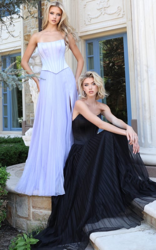 lilac pleated tulle gown with strapless corset bodice