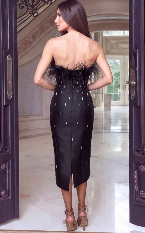 back of beaded midi dress with feather details