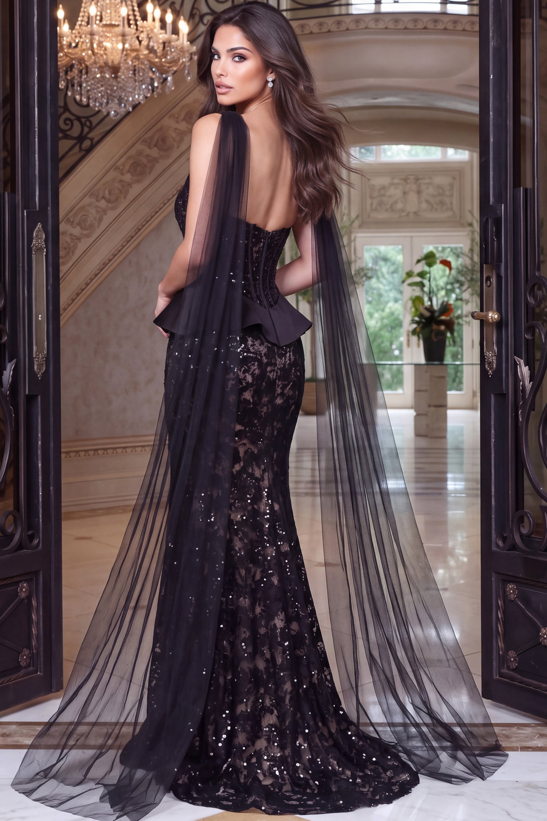 From the back, a sequinned black lace gown with boned bodice and trailing tulle cape