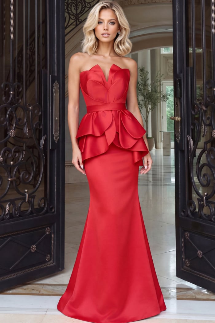 Model in a red strapless gown with structured petal bust, peplum ruffles and column skirt