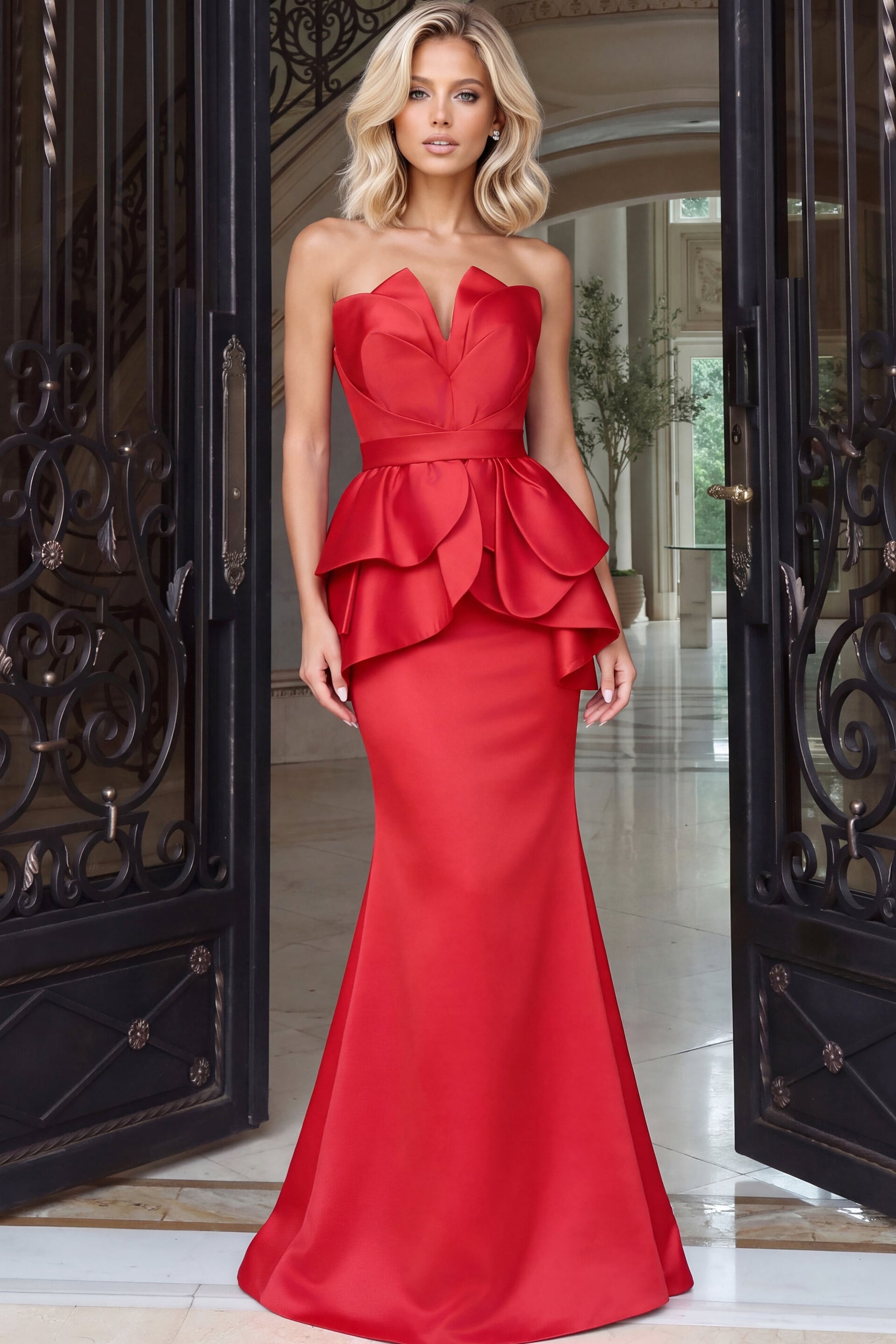 Model in a red strapless gown with structured petal bust, peplum ruffles and column skirt