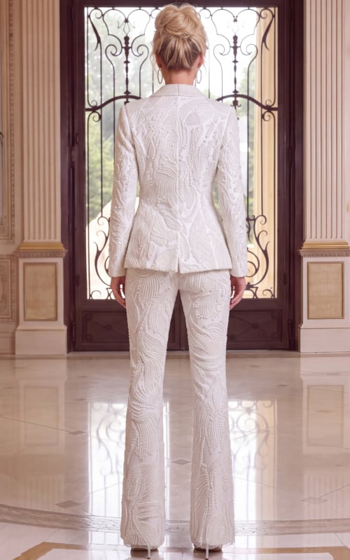 Back view of white luxury pantsuit with detailed beadwork