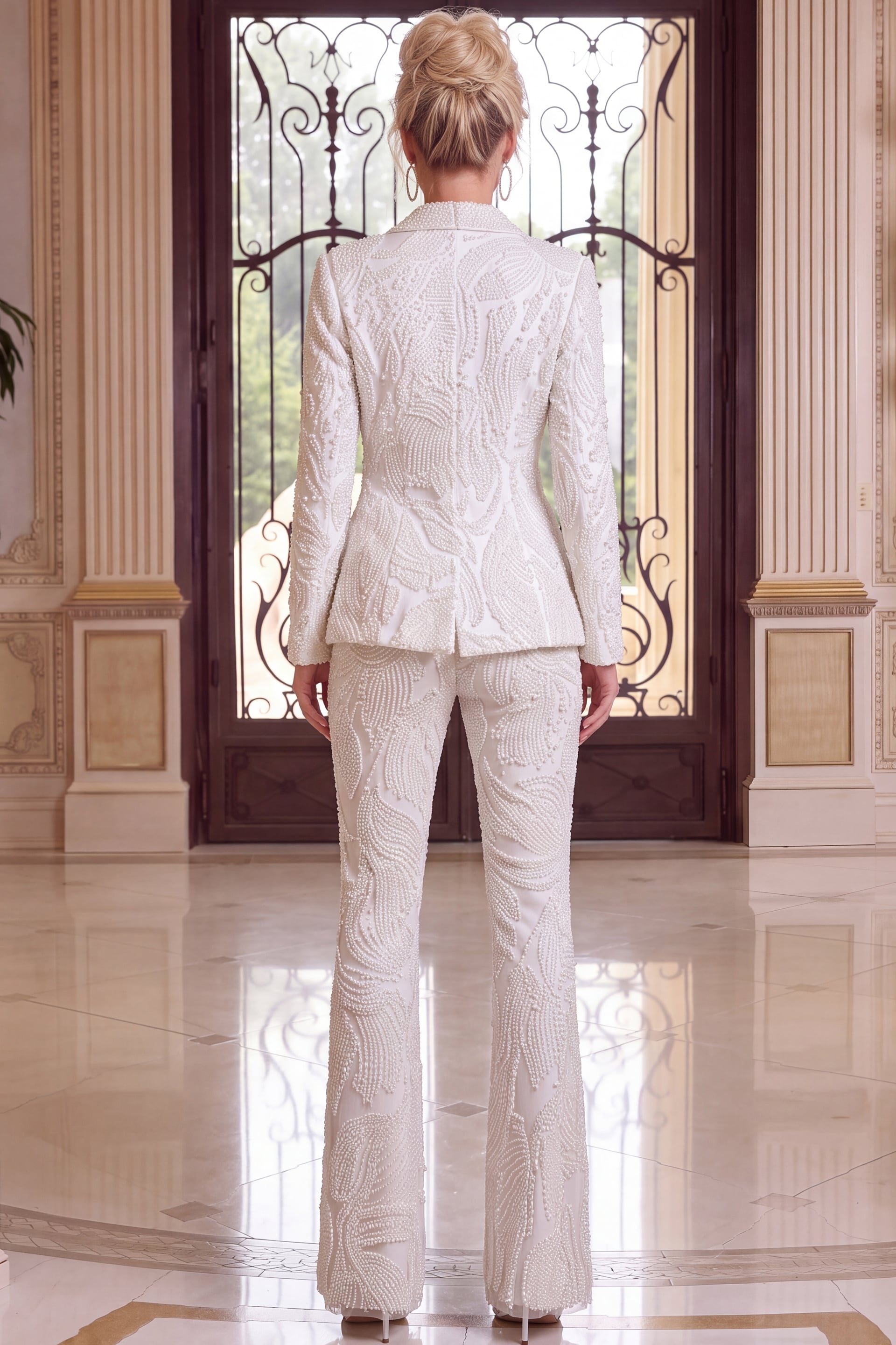 Back view of white luxury pantsuit with detailed beadwork