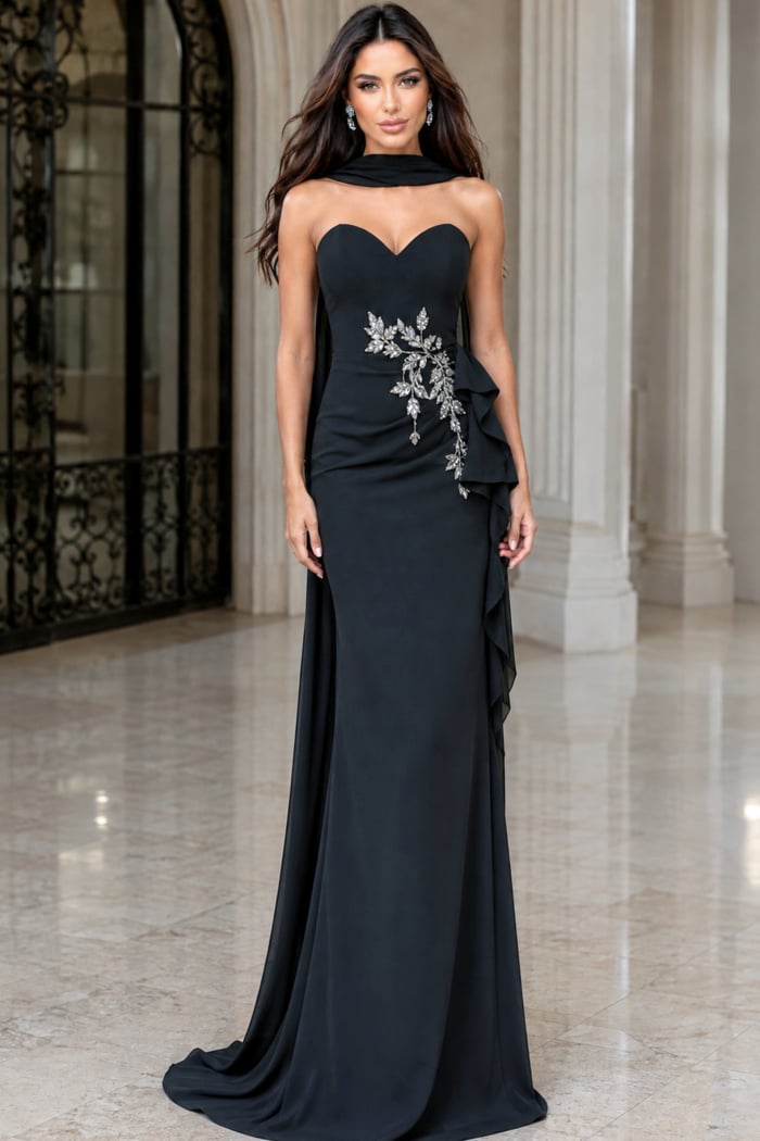 Marble hall setting for a black sweetheart gown with jewelled waist motif and vertical ruffle