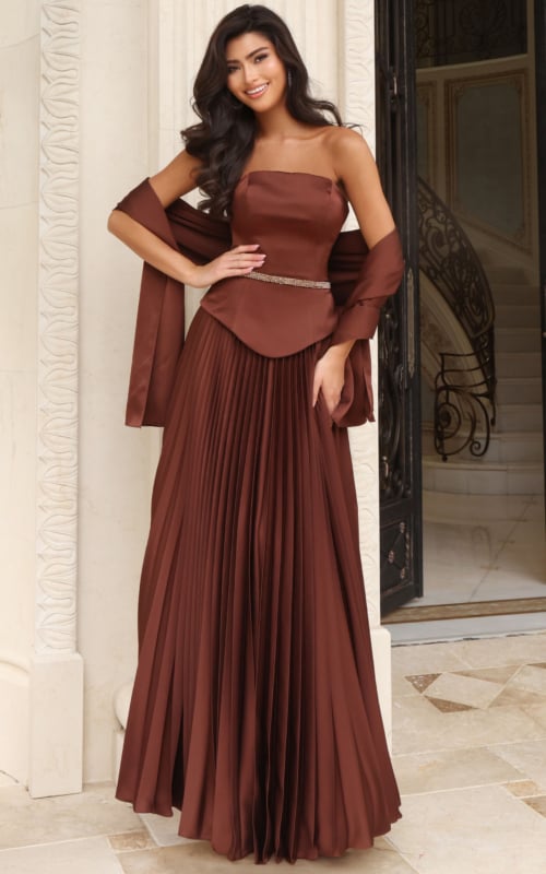 strapless pleated skirt brown dress 54319