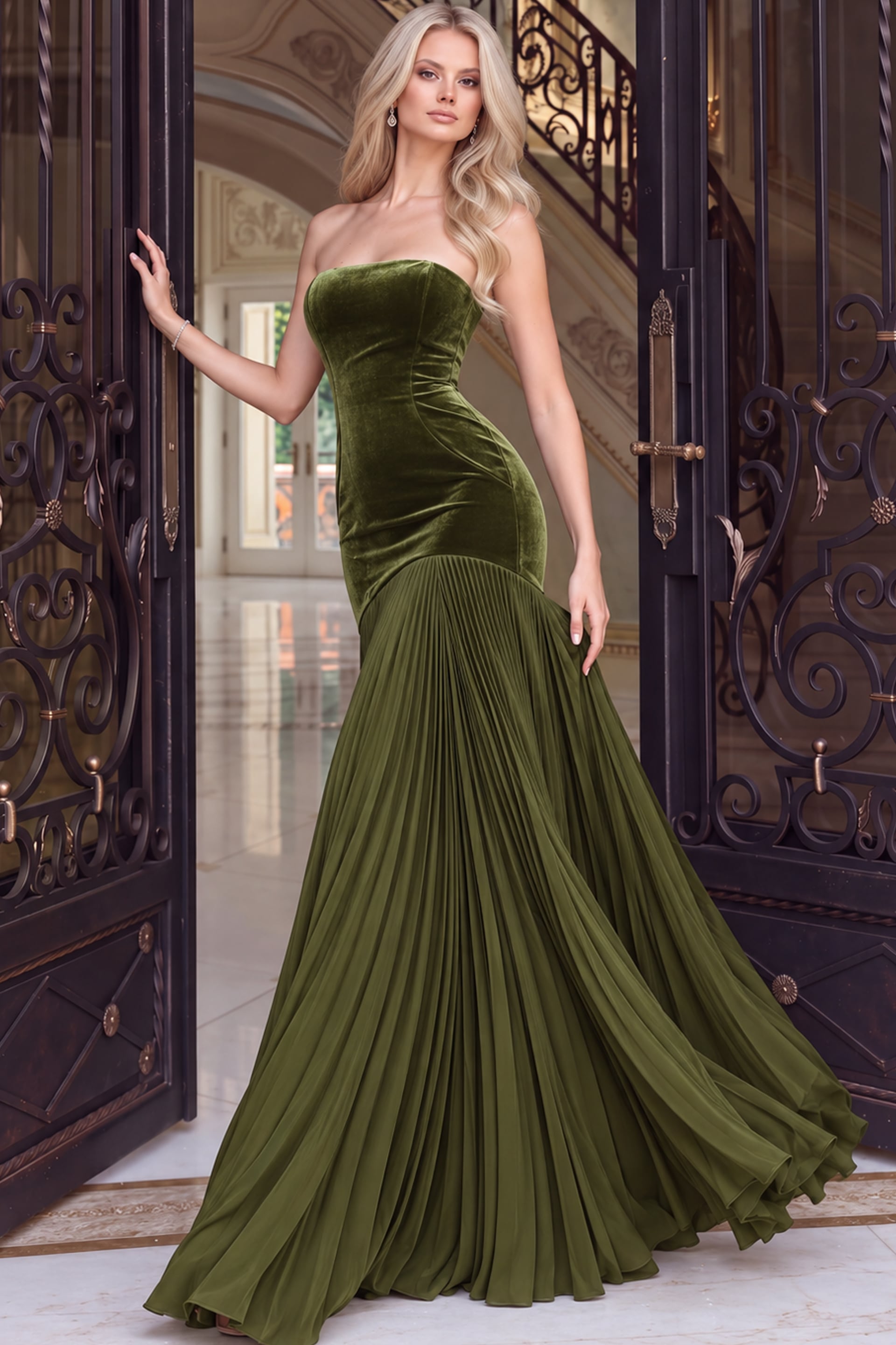 Olive velvet strapless mermaid gown shown from the side with flared pleated hem