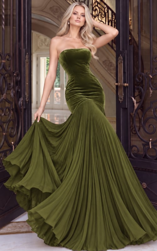 Olive velvet gown with the pleated skirt held out to show the full sweep