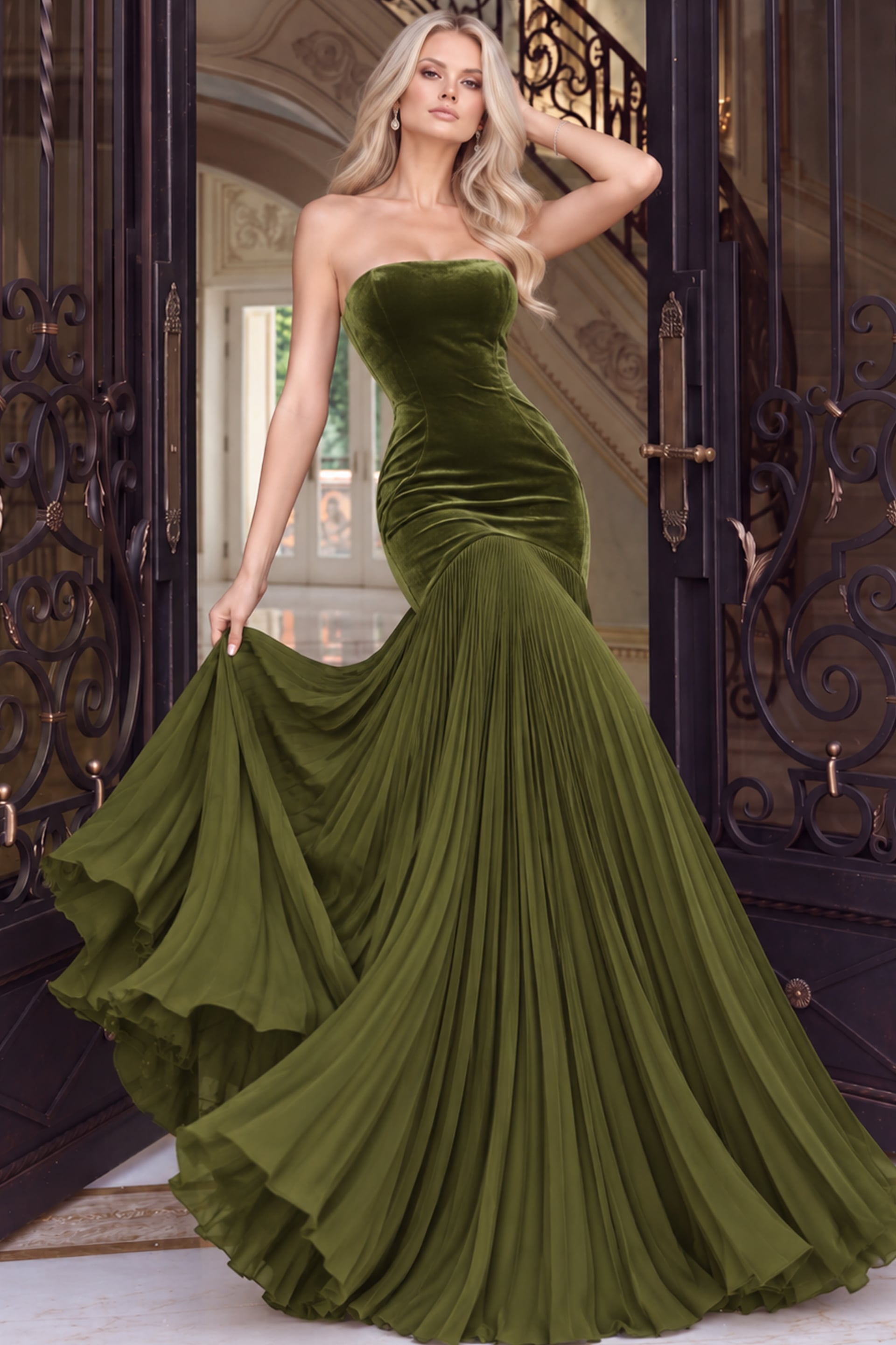 Olive velvet gown with the pleated skirt held out to show the full sweep