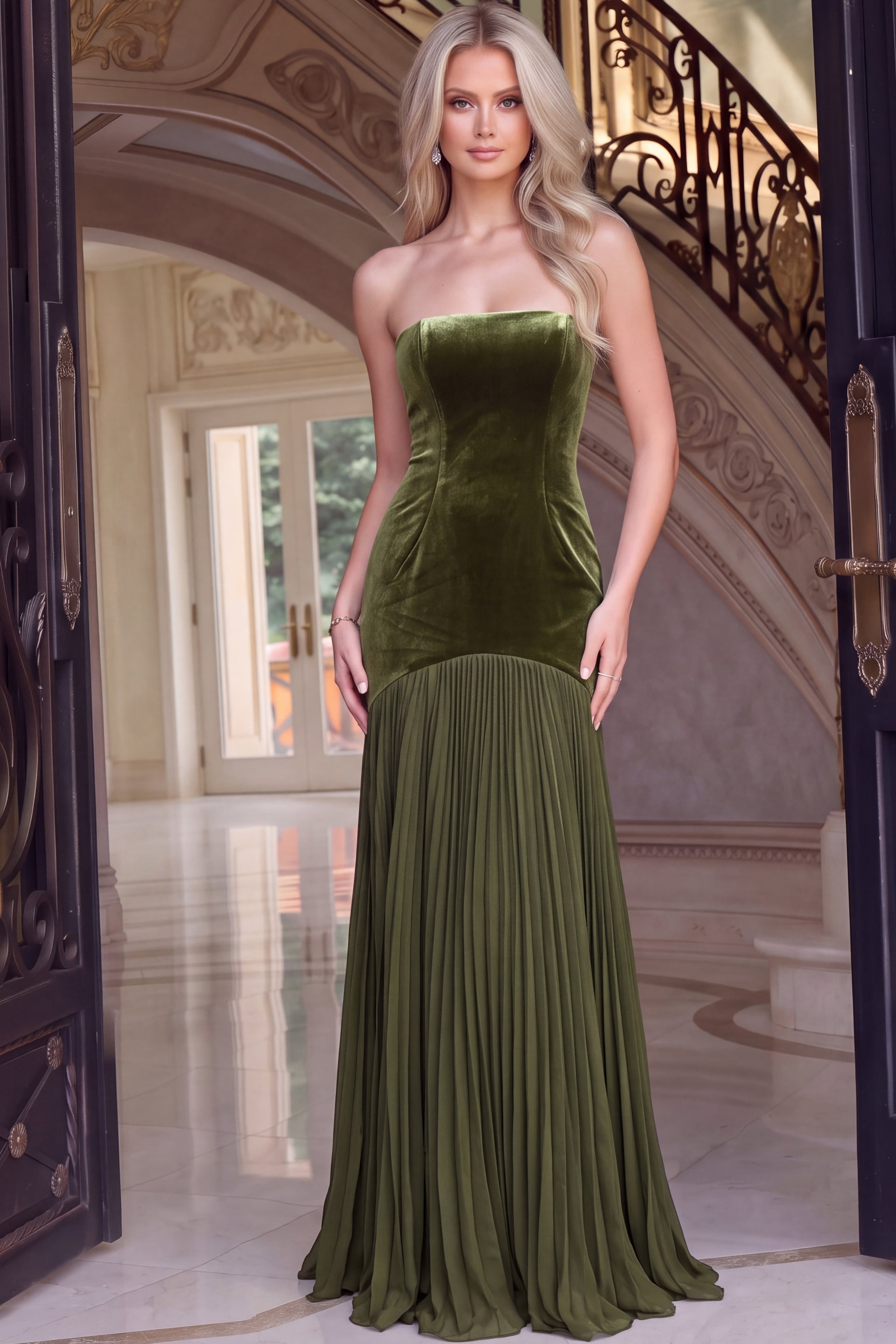 Olive velvet strapless mermaid gown with fitted bodice and pleated skirt, front view