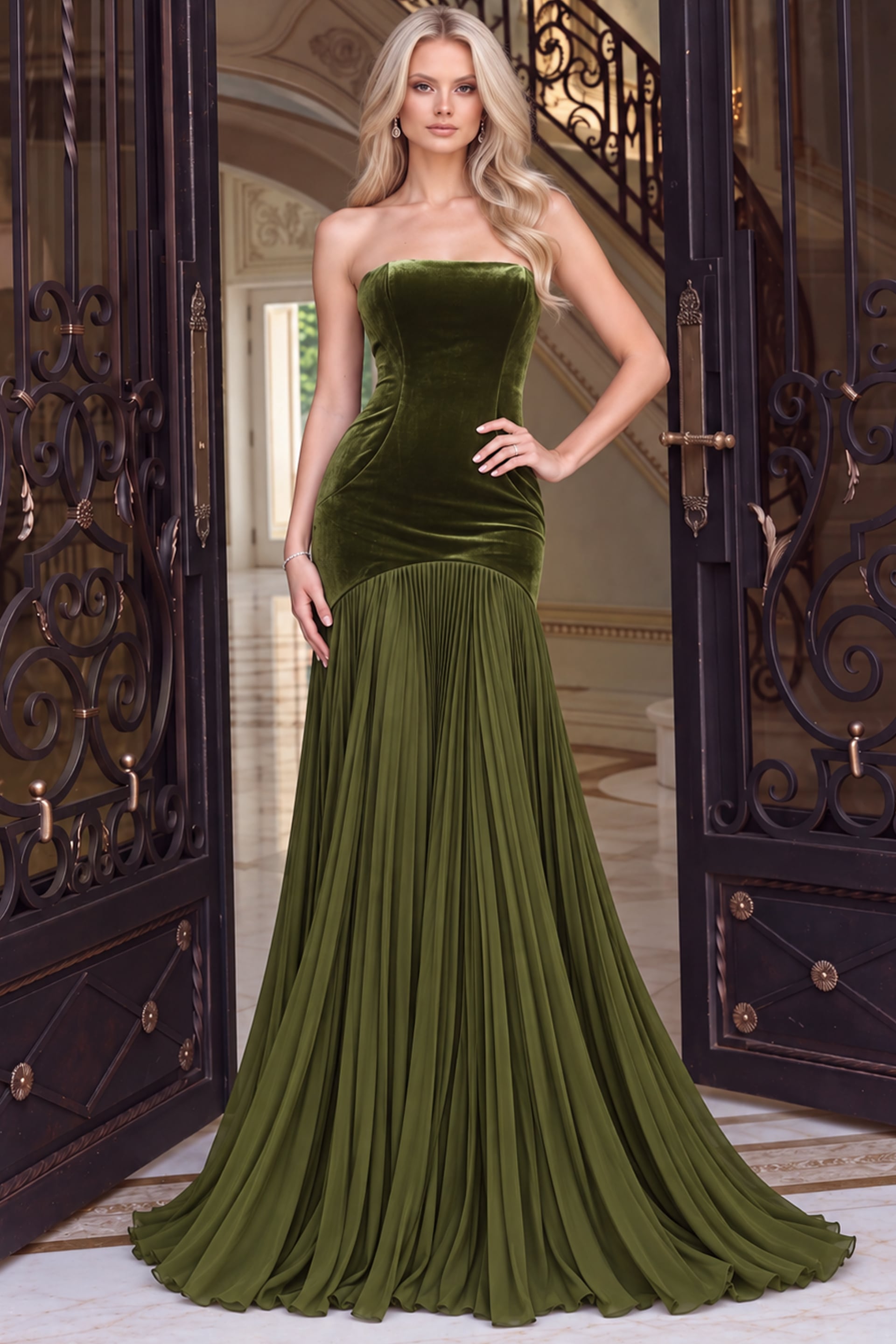 Olive velvet mermaid gown shown full length with sweeping pleated skirt