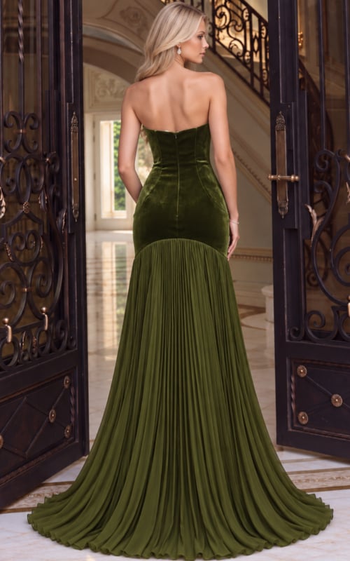 Back view of olive velvet strapless gown showing the zip back and pleated sweep train