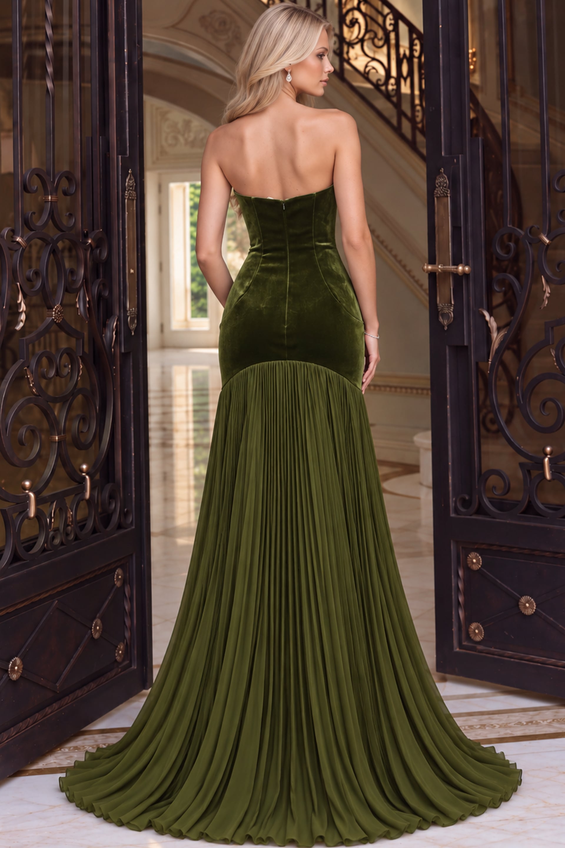 Back view of olive velvet strapless gown showing the zip back and pleated sweep train