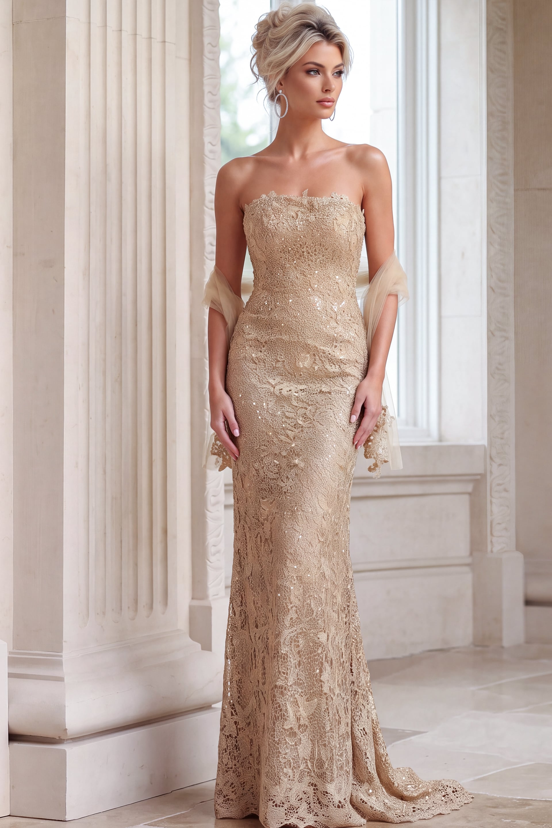 Gold sequin lace column gown worn with a tulle stole looped around both elbows