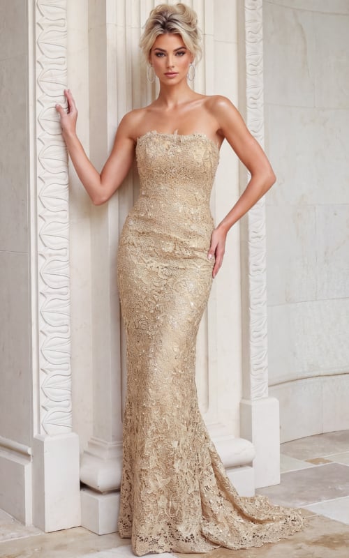 Shimmering gold lace gown with straight neckline, slim column shape and a scalloped sweep train