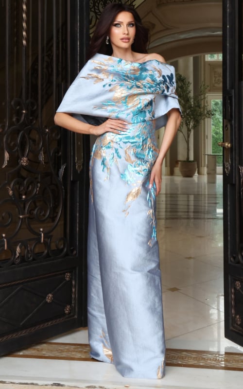 Light blue satin gown with abstract watercolor print and off-the-shoulder draped neckline, front view