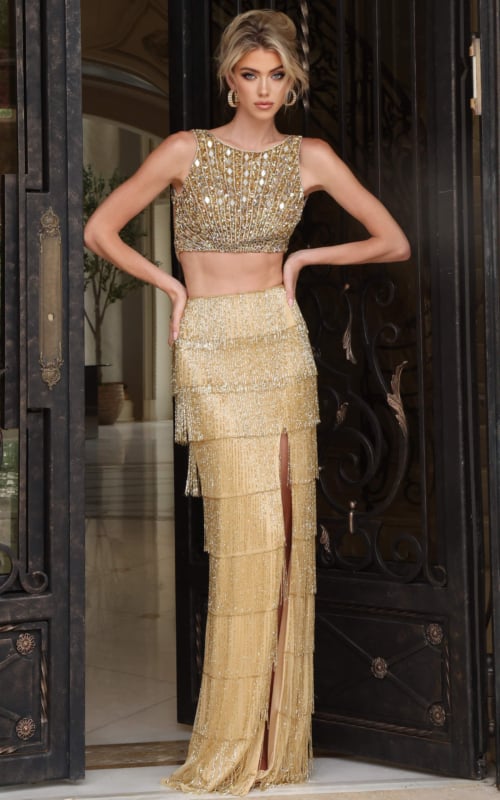 two piece fringe gold dress 54377