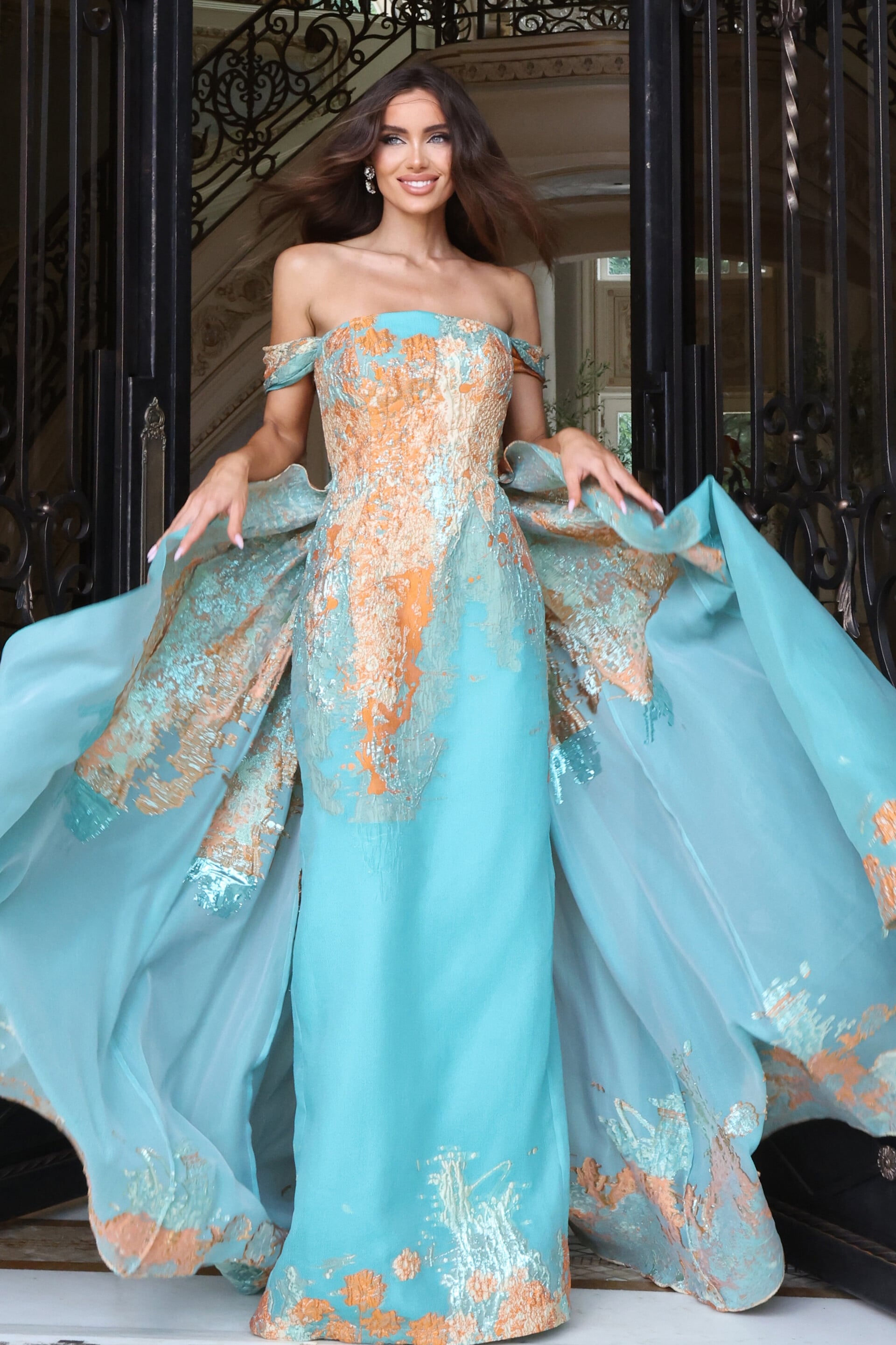 Turquoise and orange ombré metallic gown with dramatic full skirt, front view