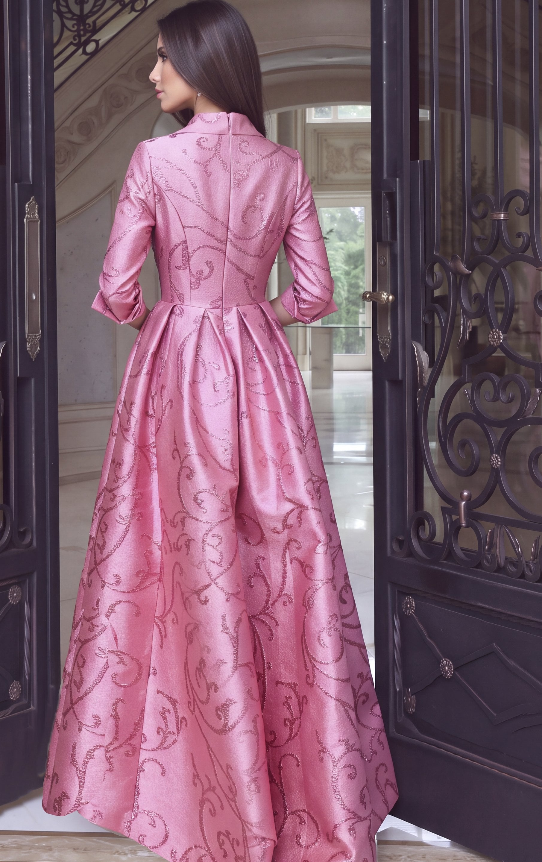 bright pink Jovani 54516 back, ornate pattern