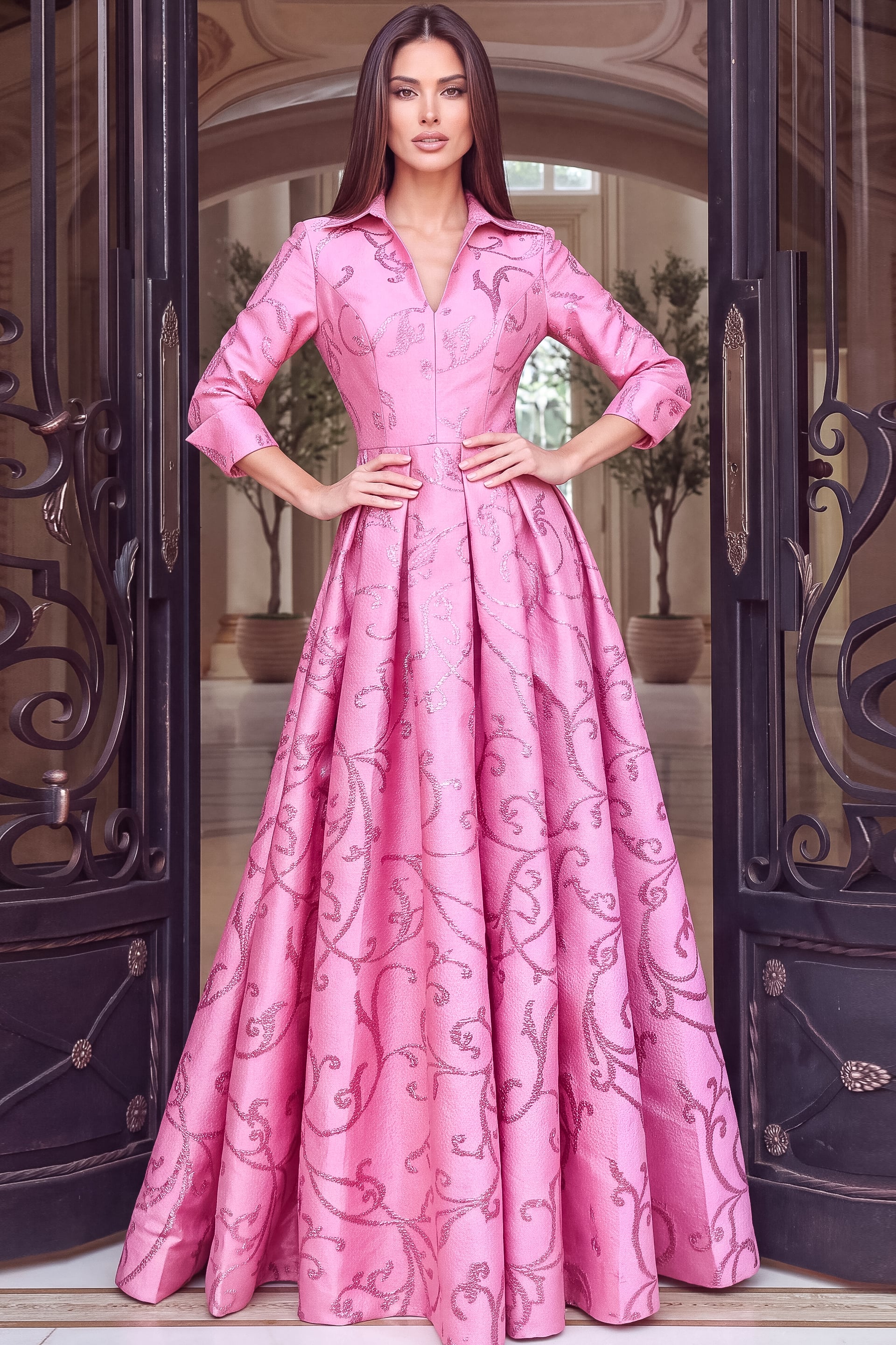 V Neck Collared Patterned Ball Gown 54516 - Image 3
