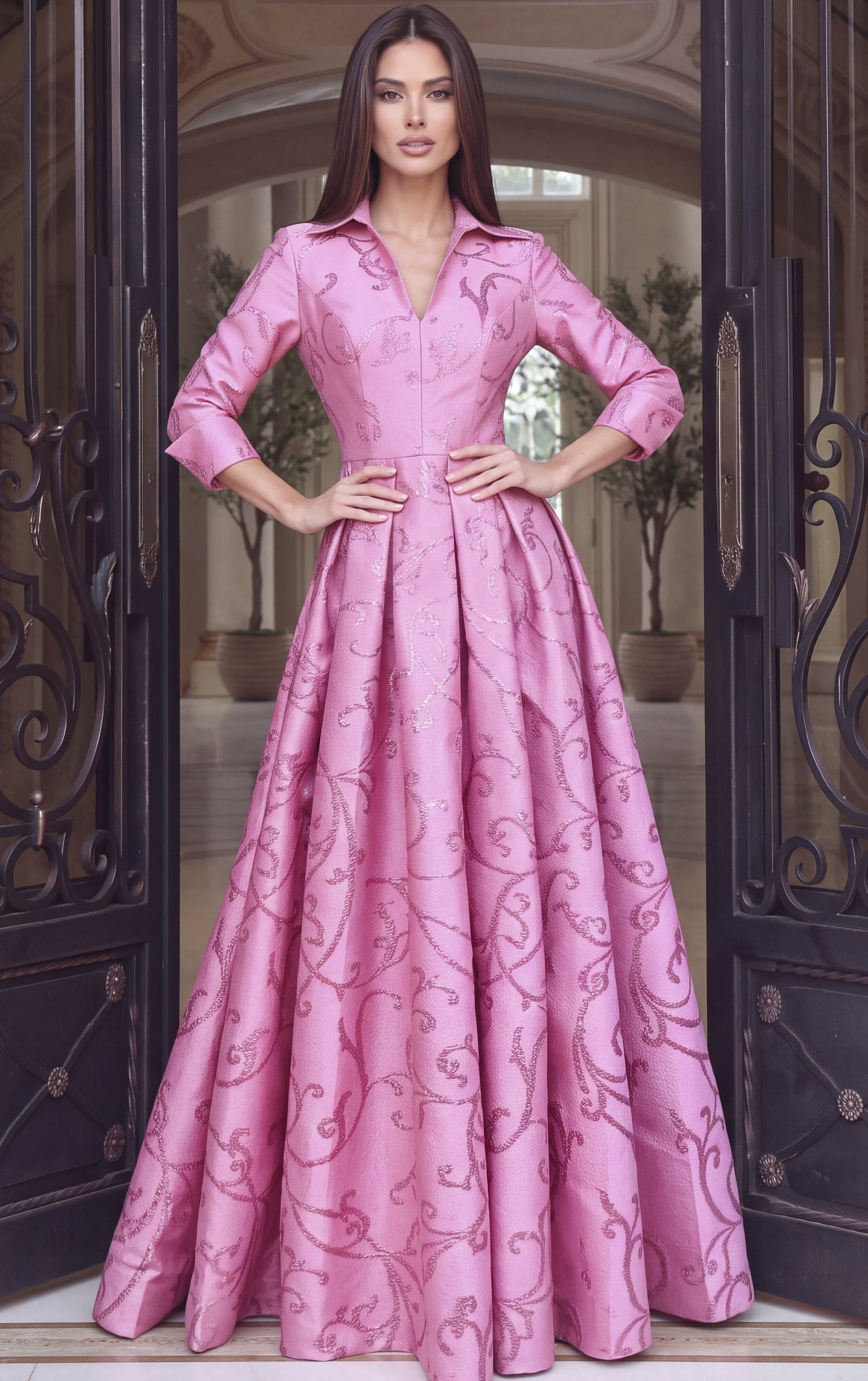 bright pink Jovani 54516 front, collared neckline