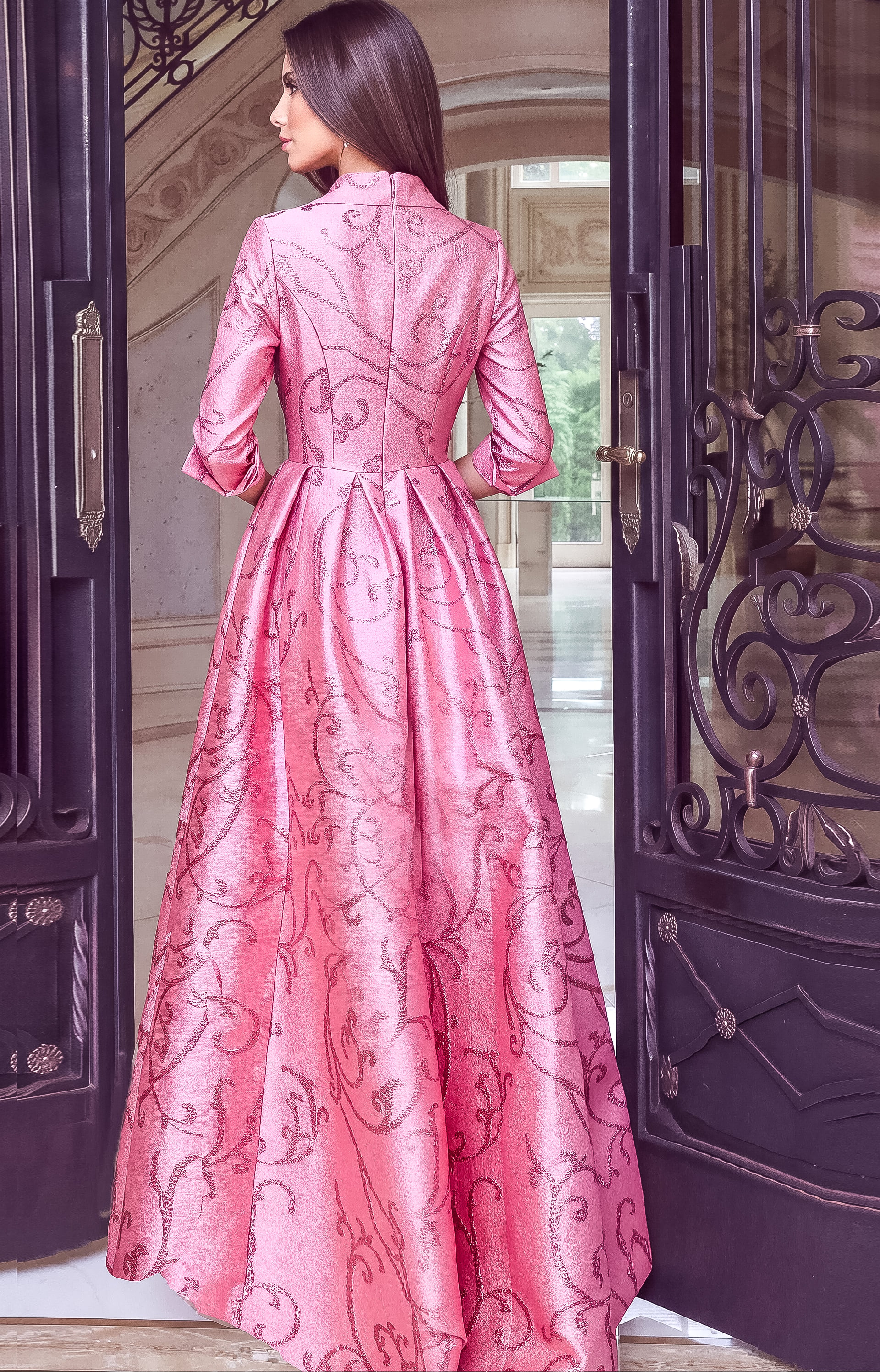 V Neck Collared Patterned Ball Gown 54516 - Image 2