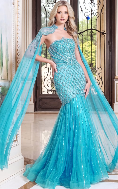teal beaded strapless mermaid gown with beaded cape and lattice beading