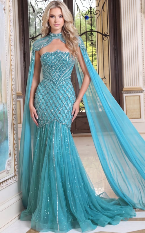 teal beaded strapless mermaid gown with beaded cape and lattice beading, view 2