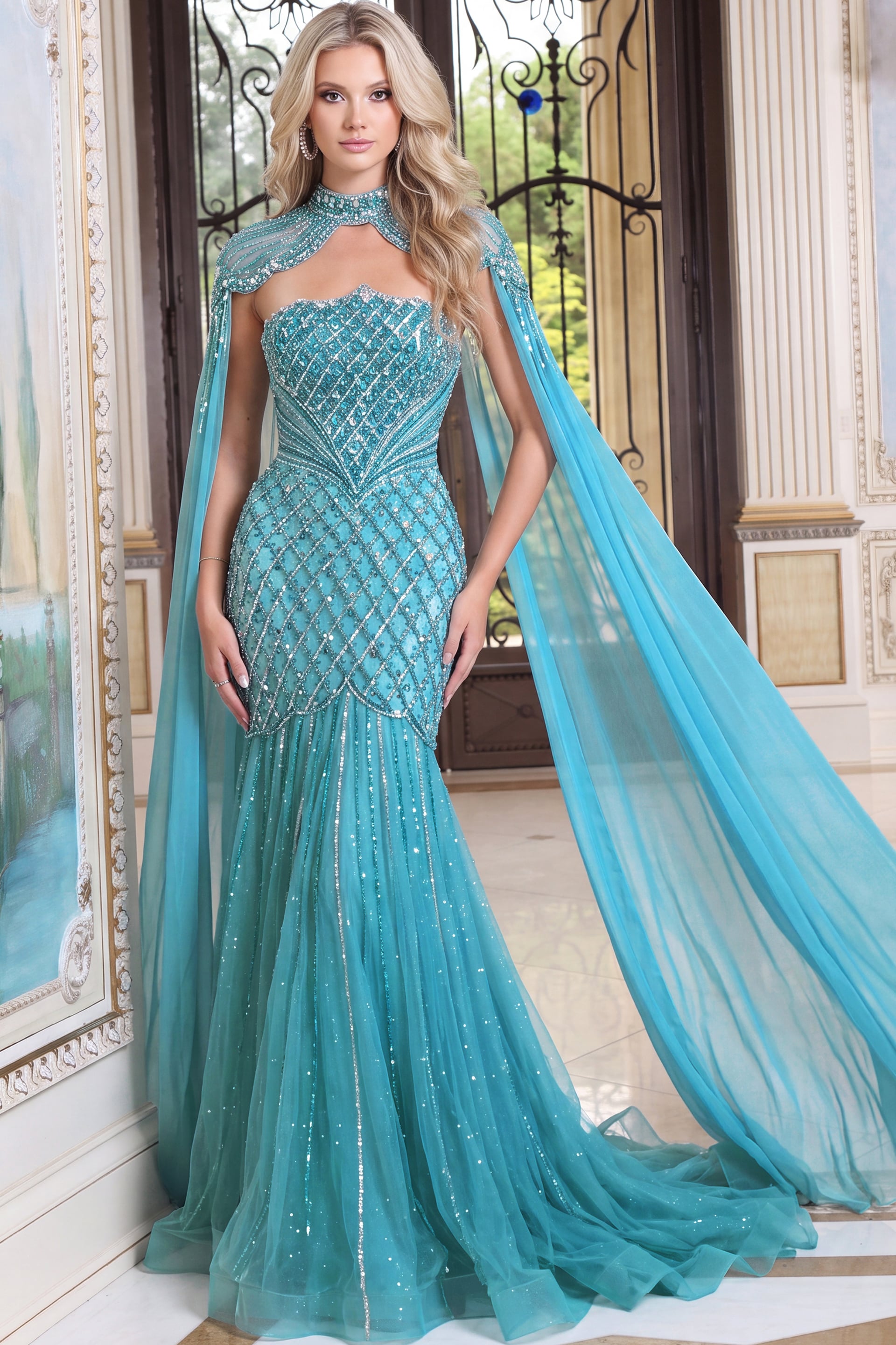teal beaded strapless mermaid gown with beaded cape and lattice beading, view 2