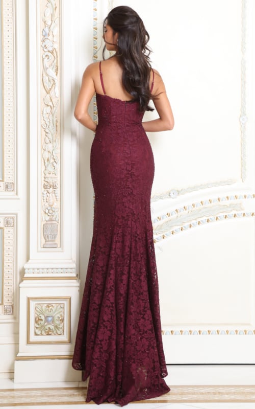 Back view of burgundy floral lace mermaid gown showing closed zip back and sweep train
