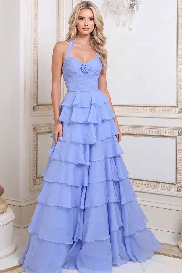 Periwinkle chiffon halter gown with ruched bodice and tiered ruffle skirt, front view