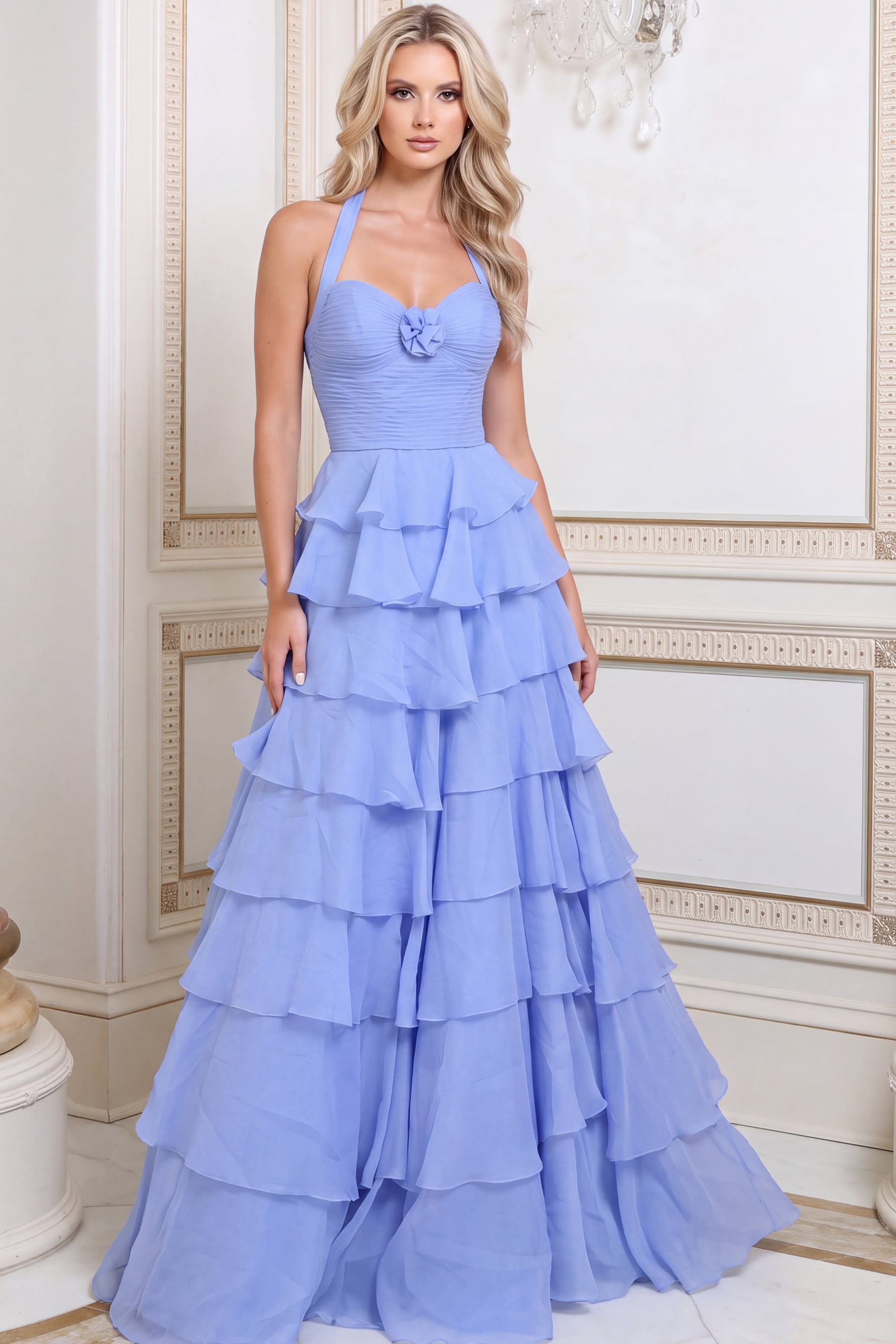 Periwinkle chiffon halter gown with ruched bodice and tiered ruffle skirt, front view