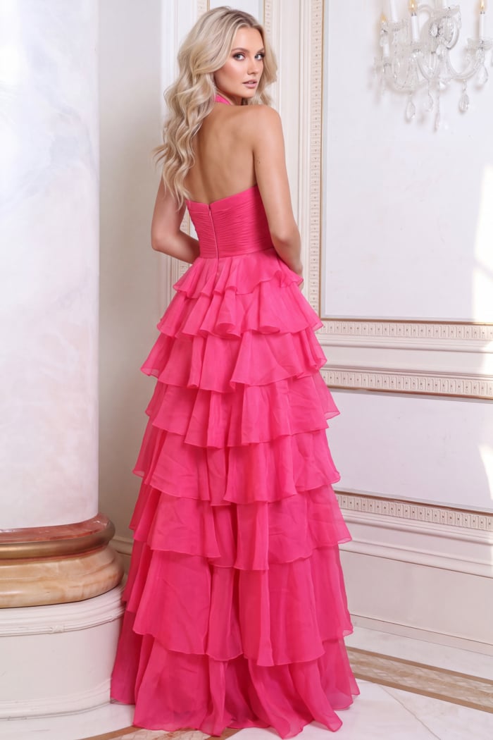 Back view of the fuchsia colorway showing halter back and tiered ruffle skirt
