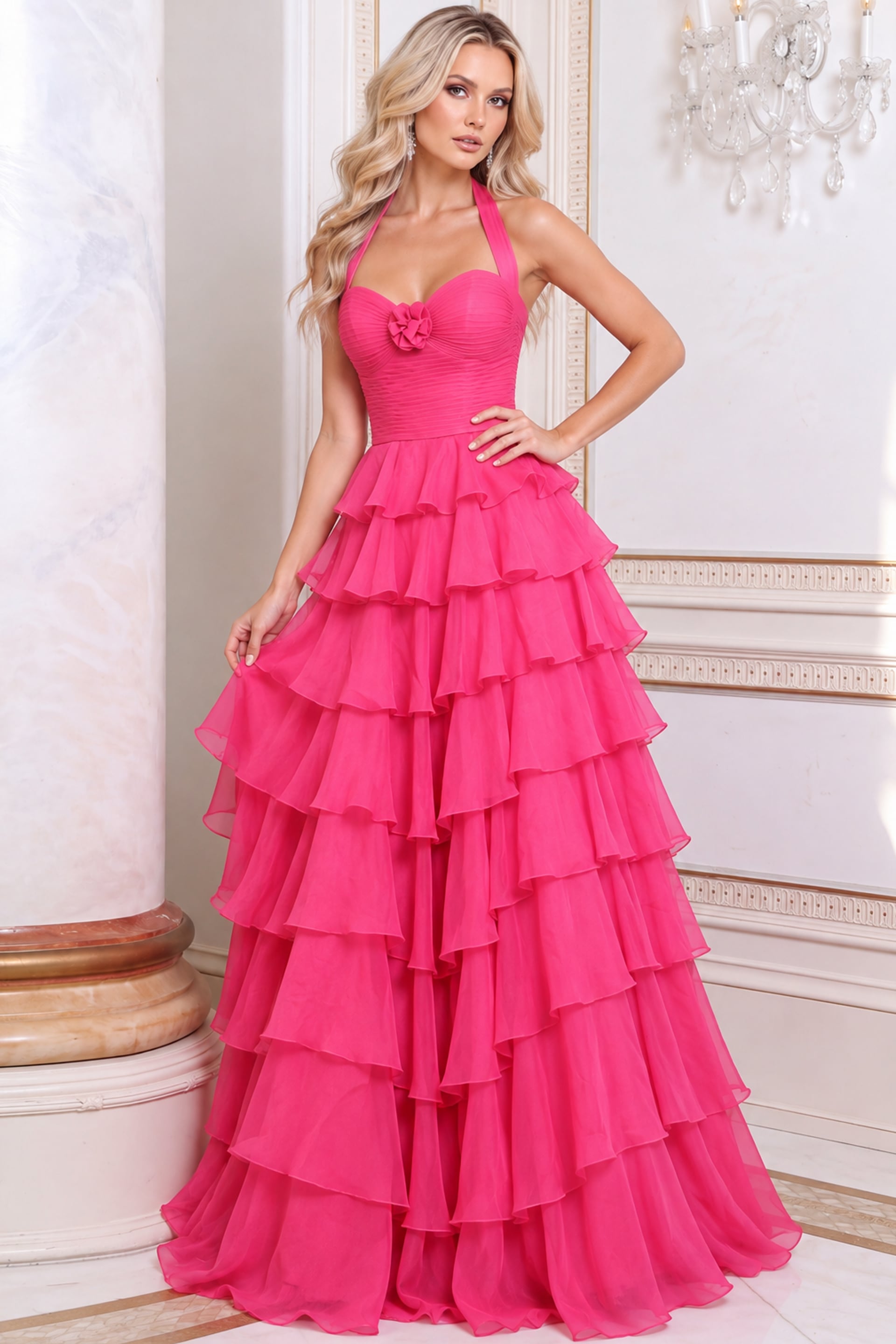 halter neckline pink layered dress 54785