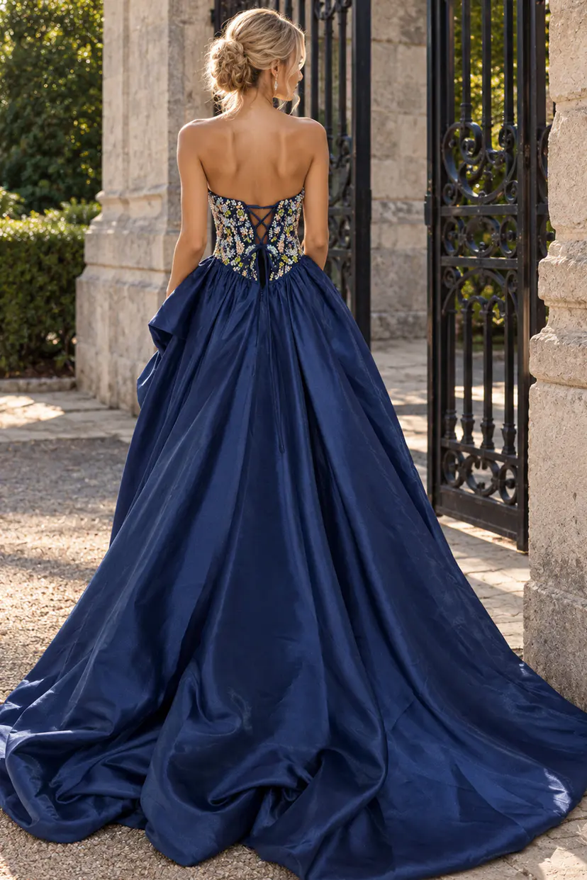 navy lace up back beaded dress