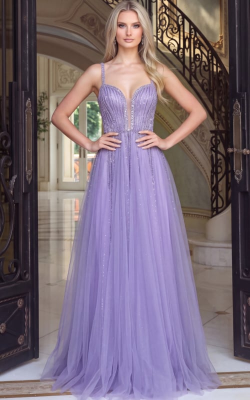 Lilac beaded tulle A line ball gown with sweetheart corset bodice and flowing skirt
