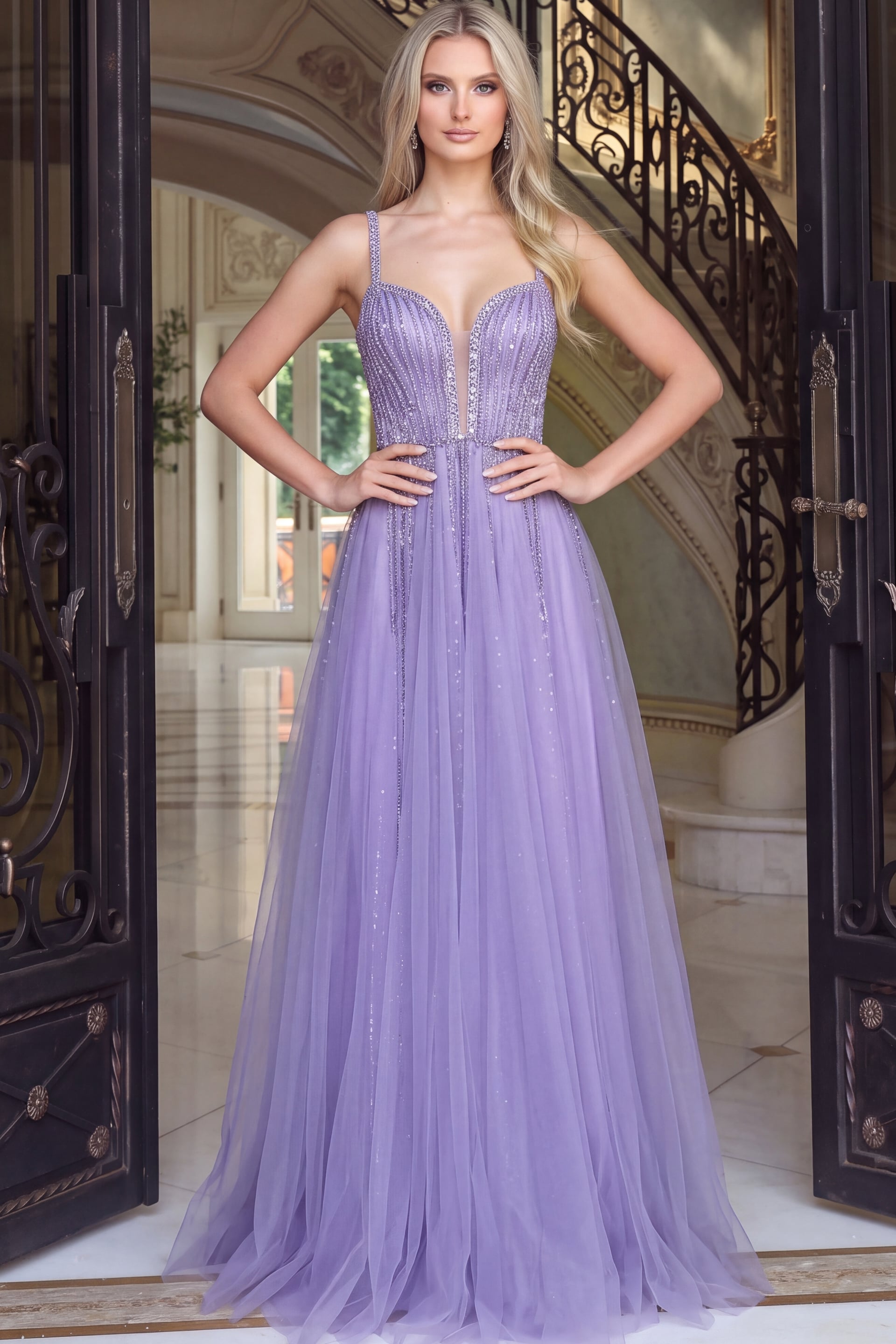 Lilac beaded tulle A line ball gown with sweetheart corset bodice and flowing skirt