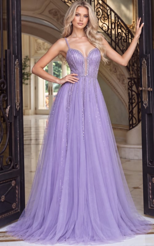 Lilac beaded tulle ball gown shown full length with sweetheart bodice and sweeping A line skirt