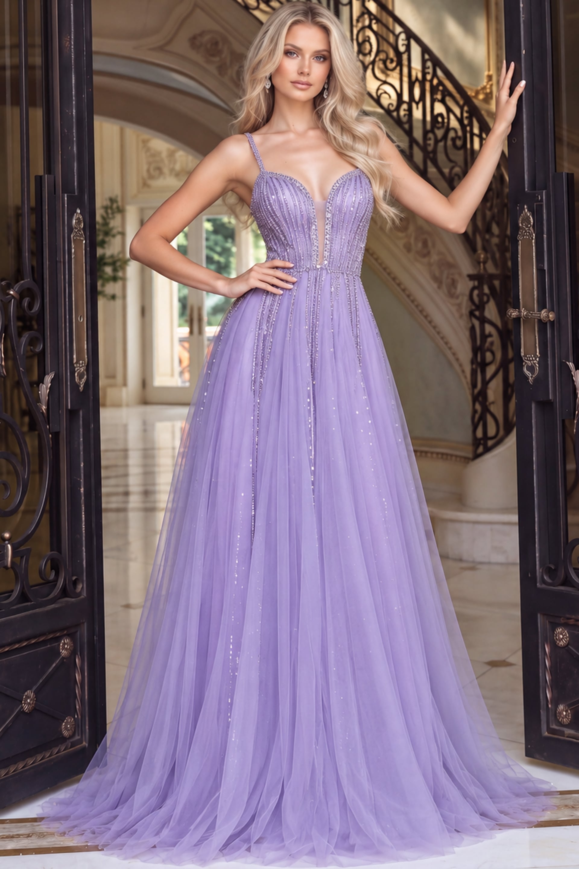 Lilac beaded tulle ball gown shown full length with sweetheart bodice and sweeping A line skirt
