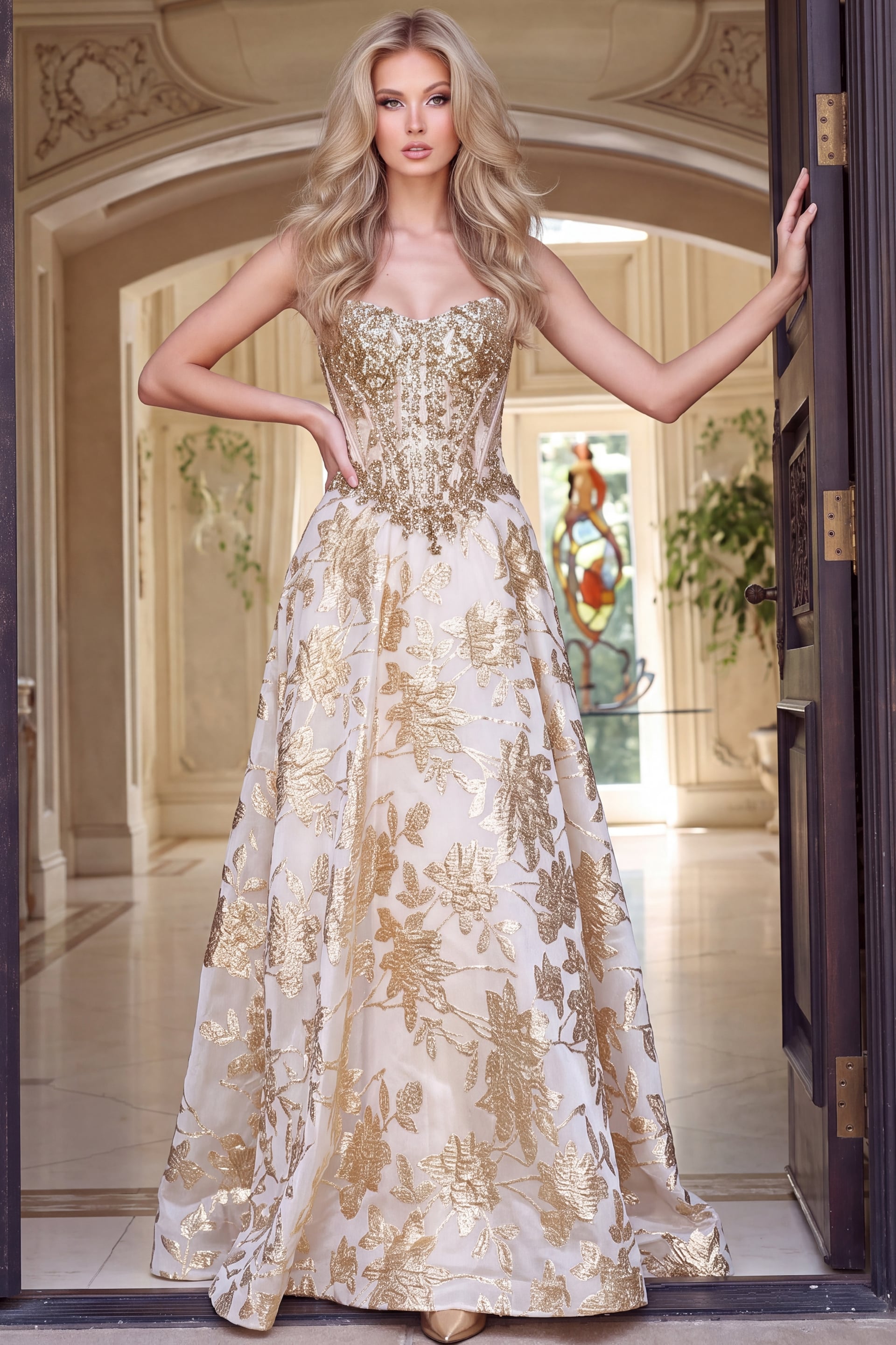 Ivory gold jacquard A line gown shown full length with floral metallic skirt, front view