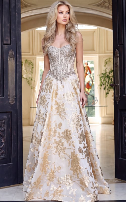 Ivory and gold metallic jacquard gown with sheer beaded corset bodice, front view