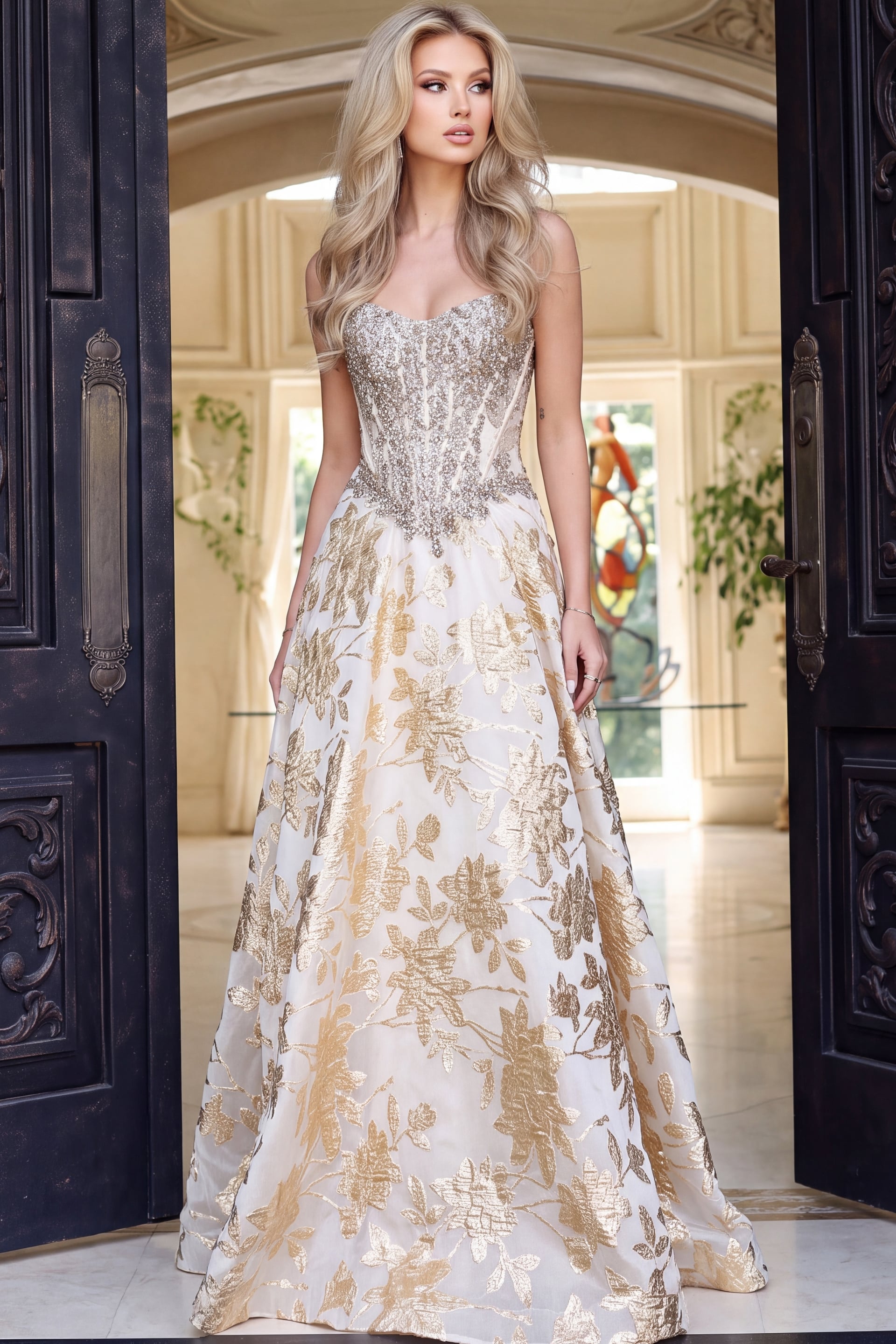 Ivory and gold metallic jacquard gown with sheer beaded corset bodice, front view