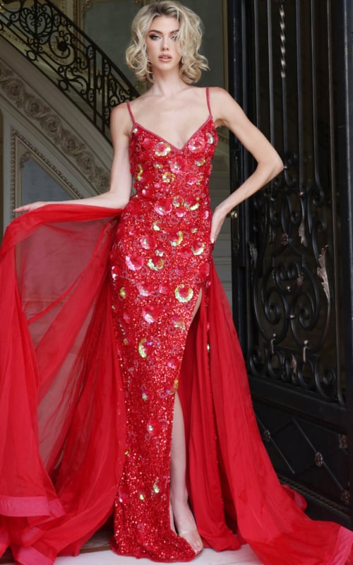 Red beaded sheath gown with gold accents, deep V neckline and tulle overskirt, front view