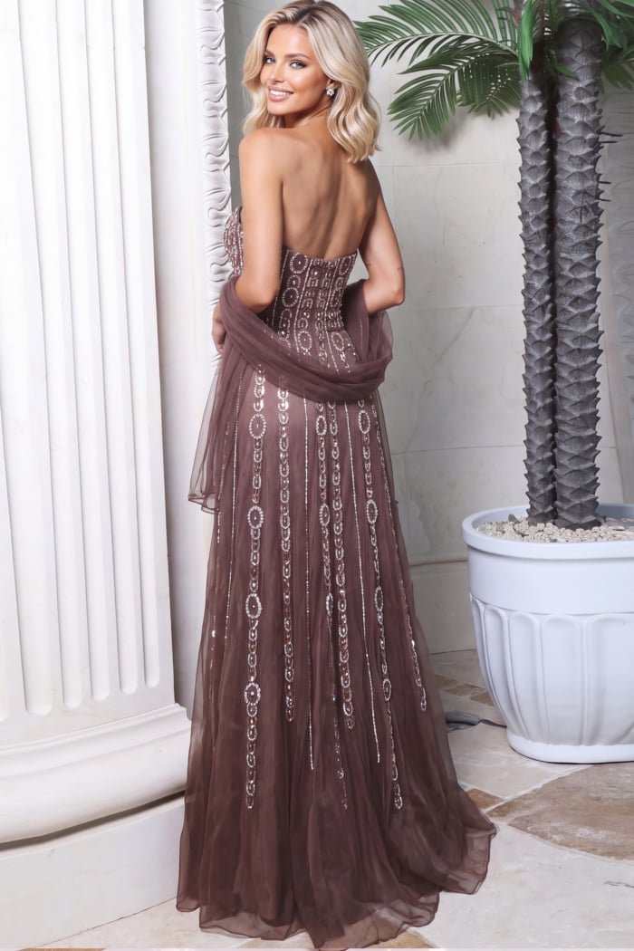 brown beaded a line dress 54895