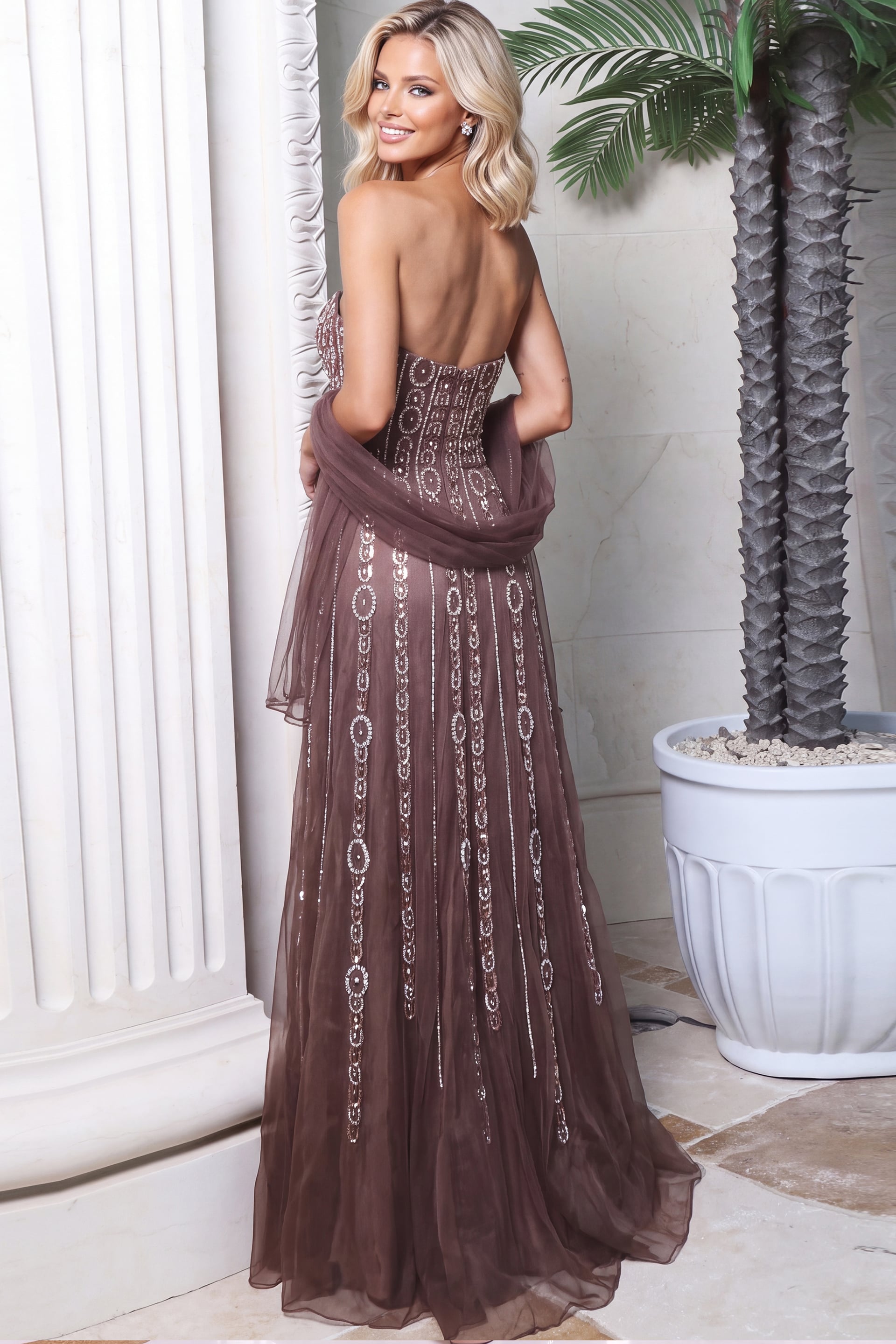 brown beaded a line dress 54895